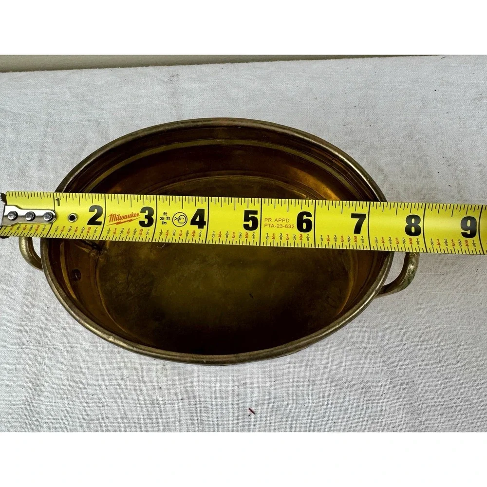 Vintage Solid Brass Oval Planter Bowl with Handles Footed Gold Centerpiece 8.5in